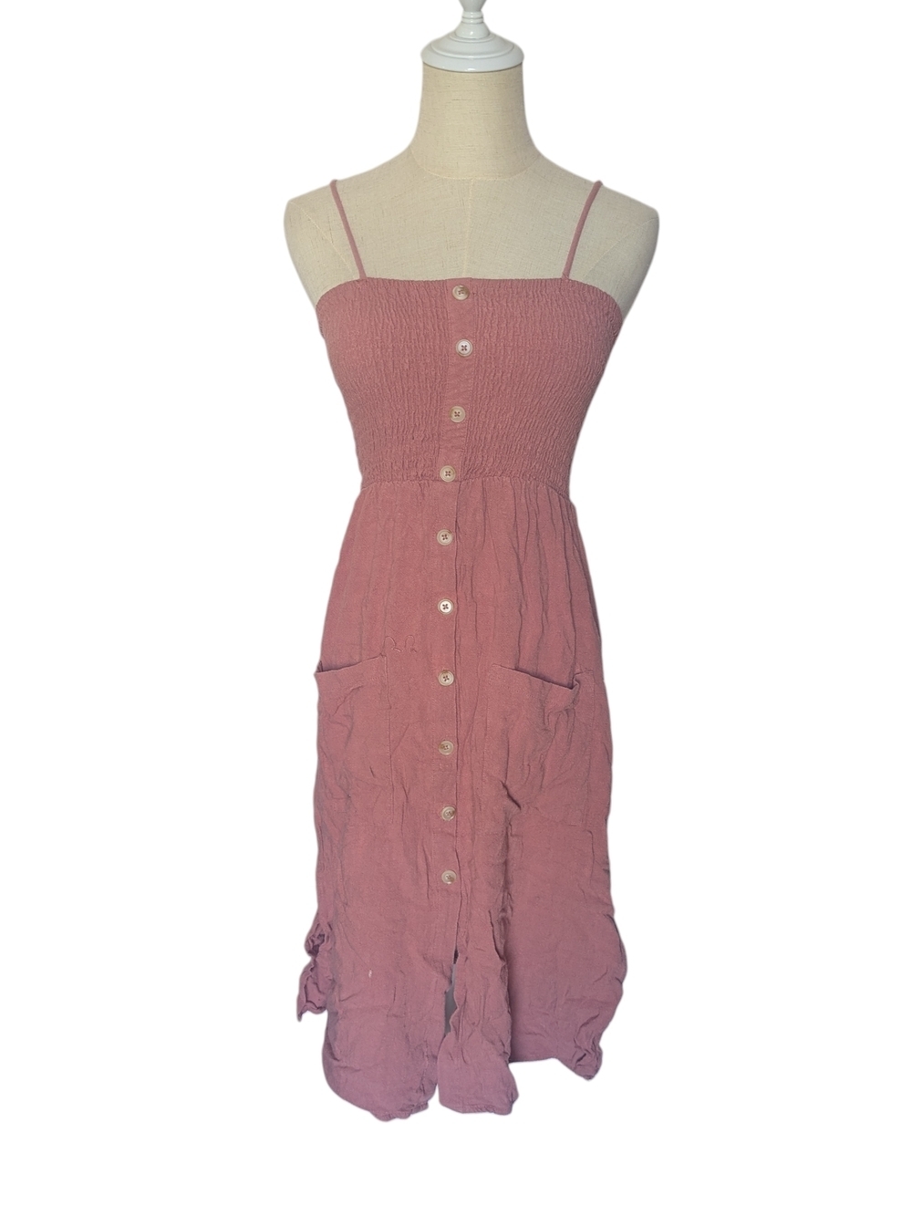 One Clothing Smocked Linen Blend Spaghetti-Strap Midi Dress in Dusty Rose Small